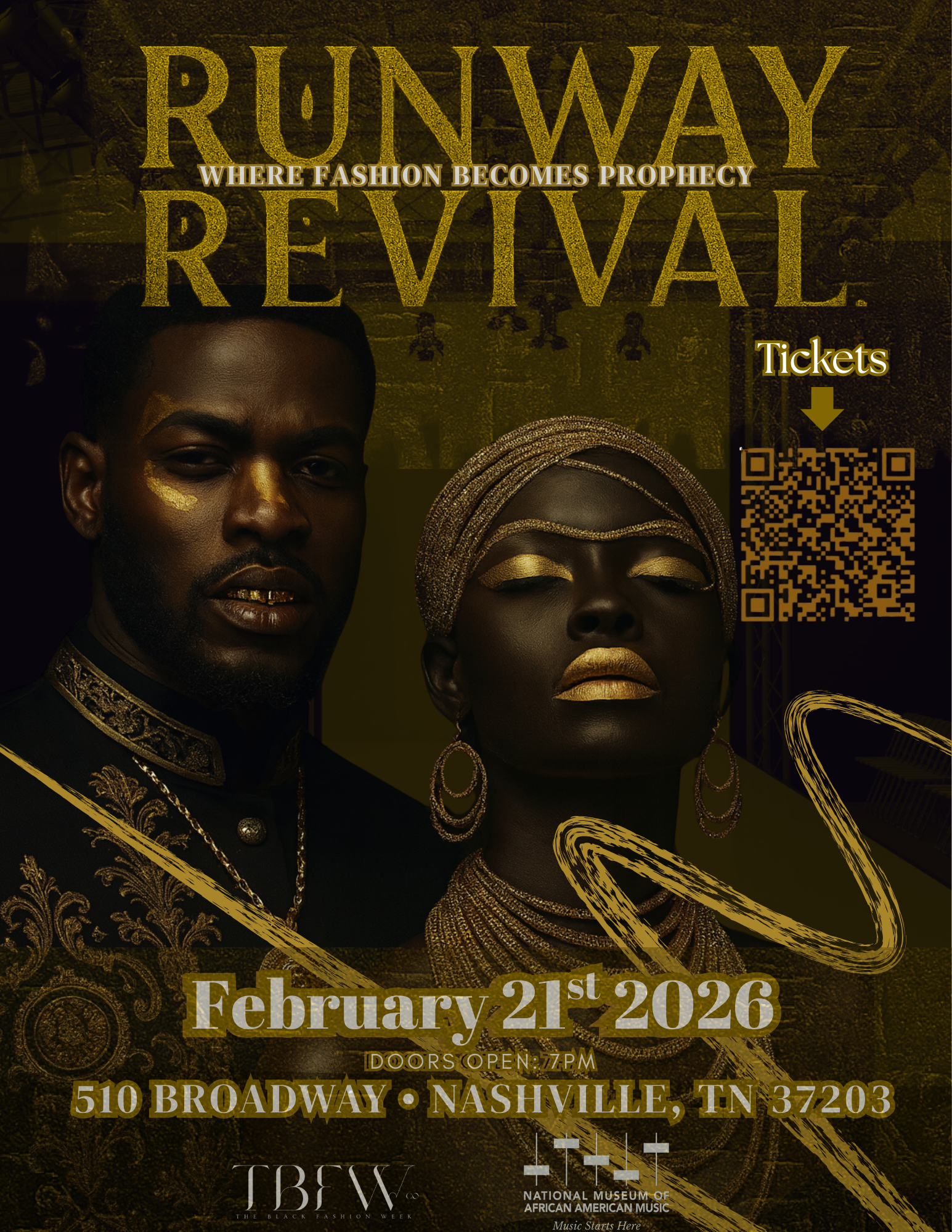 Advertisement for Black Fashion Week's runway fashion show at NMAAM, 7 p.m. on February 21, 2026. Features a QR code to buy tickets.