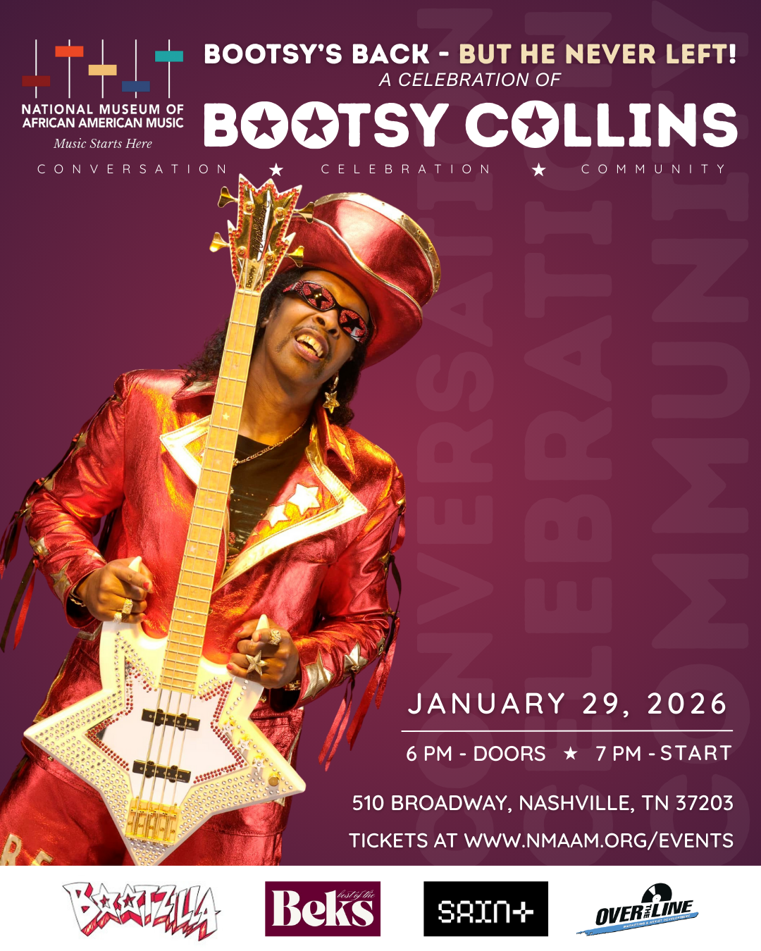 Flyer advertising Bootsy Collins discussion at 7 pm on January 29, 2026.