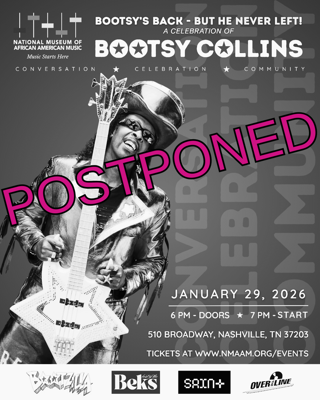 Event poster crossed out by large letters reading, "POSTPONED".