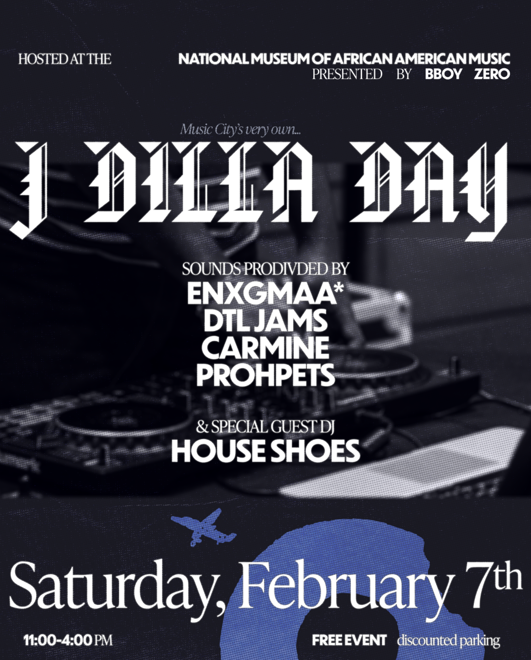 Event Flyer for a J Dilla Day celebration at NMAAM - a free live DJ event from 11 a.m. to 4 p.m. on Saturday, 02/04/26.