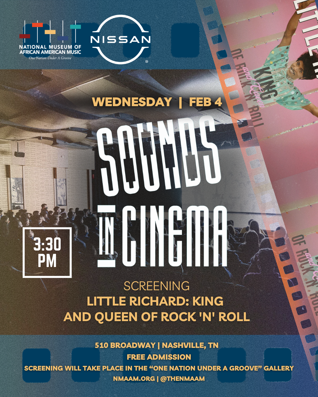 Event poster for a free film screening of "Little Richard: King and Queen of Rock 'N' Roll", taking place at 3:30 p.m. on Wednesday, February 4th, 2026, at NMAAM.