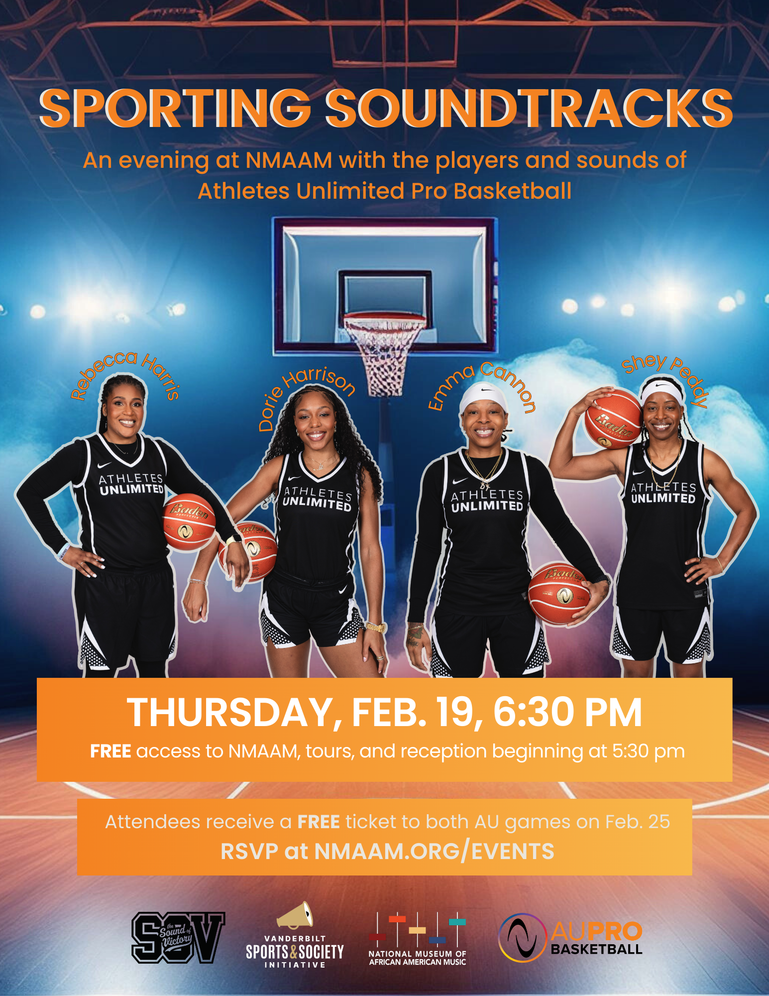 Image shows Athletes Unlimited Pro Basketball Players: Rebecca Harris, Dorie Harrison, Emma Cannon, and Shey Peddy, who will all speak at this event.