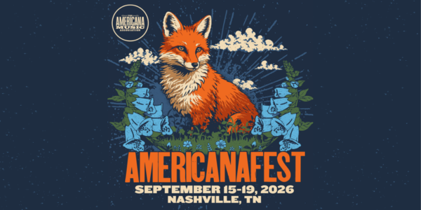 AMERICANAFEST Official Artwork 2026, featuring a large orange fox and bluebell flowers on a navy blue background.