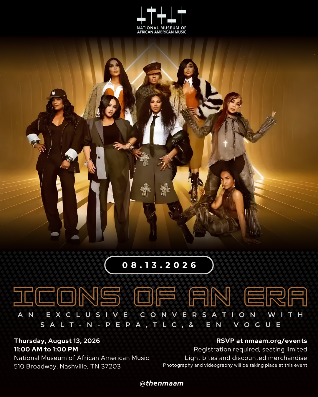 Icons of an Era event graphic featuring TLC, Salt-N-Pepa, and En Vogue at the National Museum of African American Music, August 13, 2026