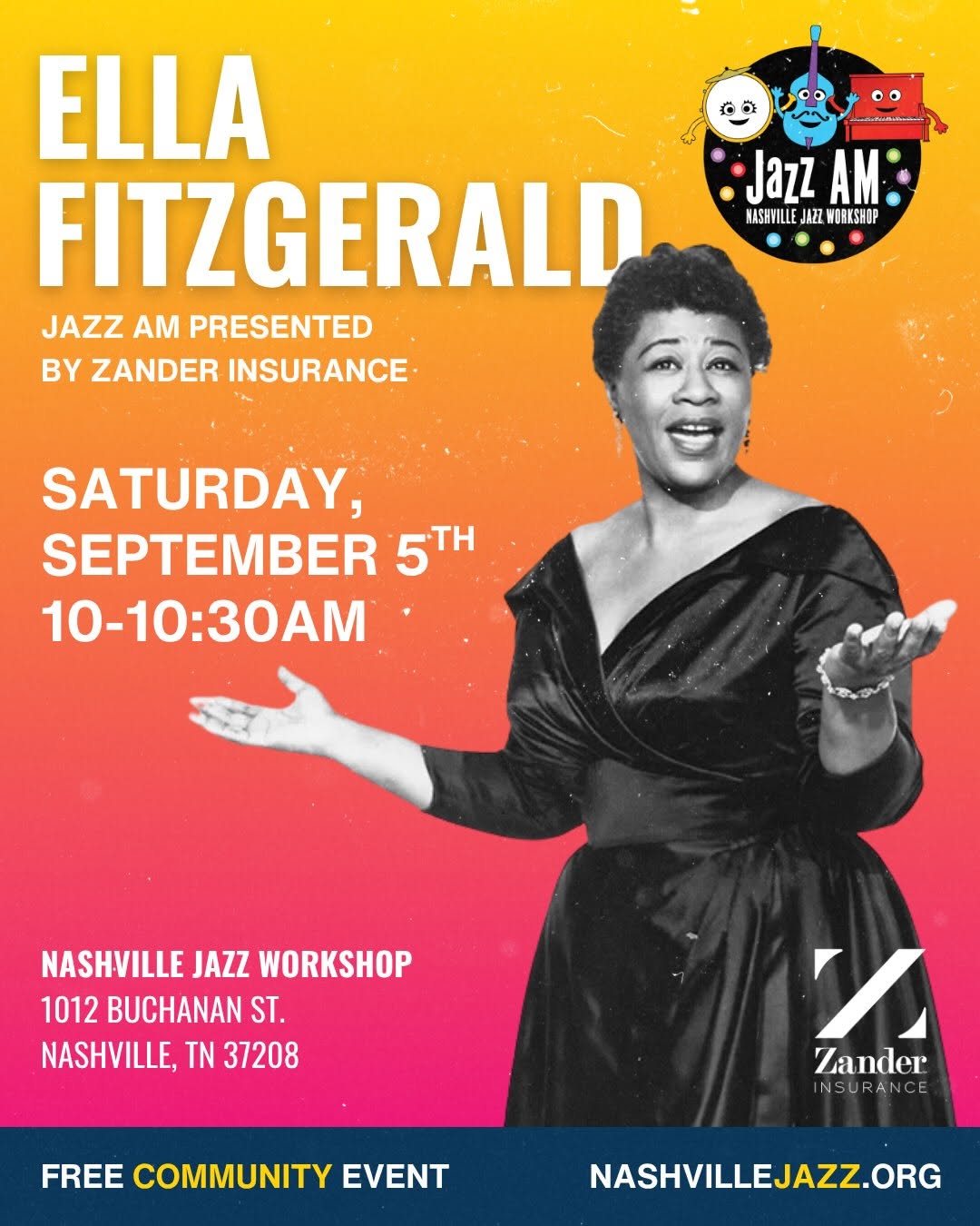 Ella Fitzgerald themed Jazz AM and Story Soundz - Saturday, September 5, 2026, and the Nashville Jazz Workshop.